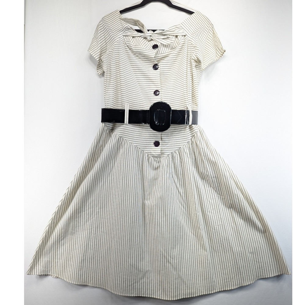 Media One Vintage Striped Off Shoulder Belted Fit & Flare Dress Cream Black 12